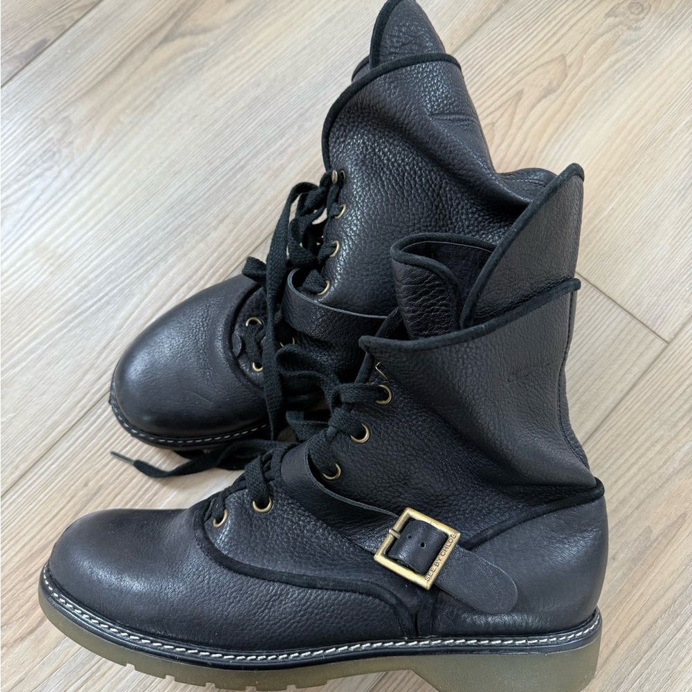 See by Chloe Black Leather Lace-Up Buckle Combat Boots